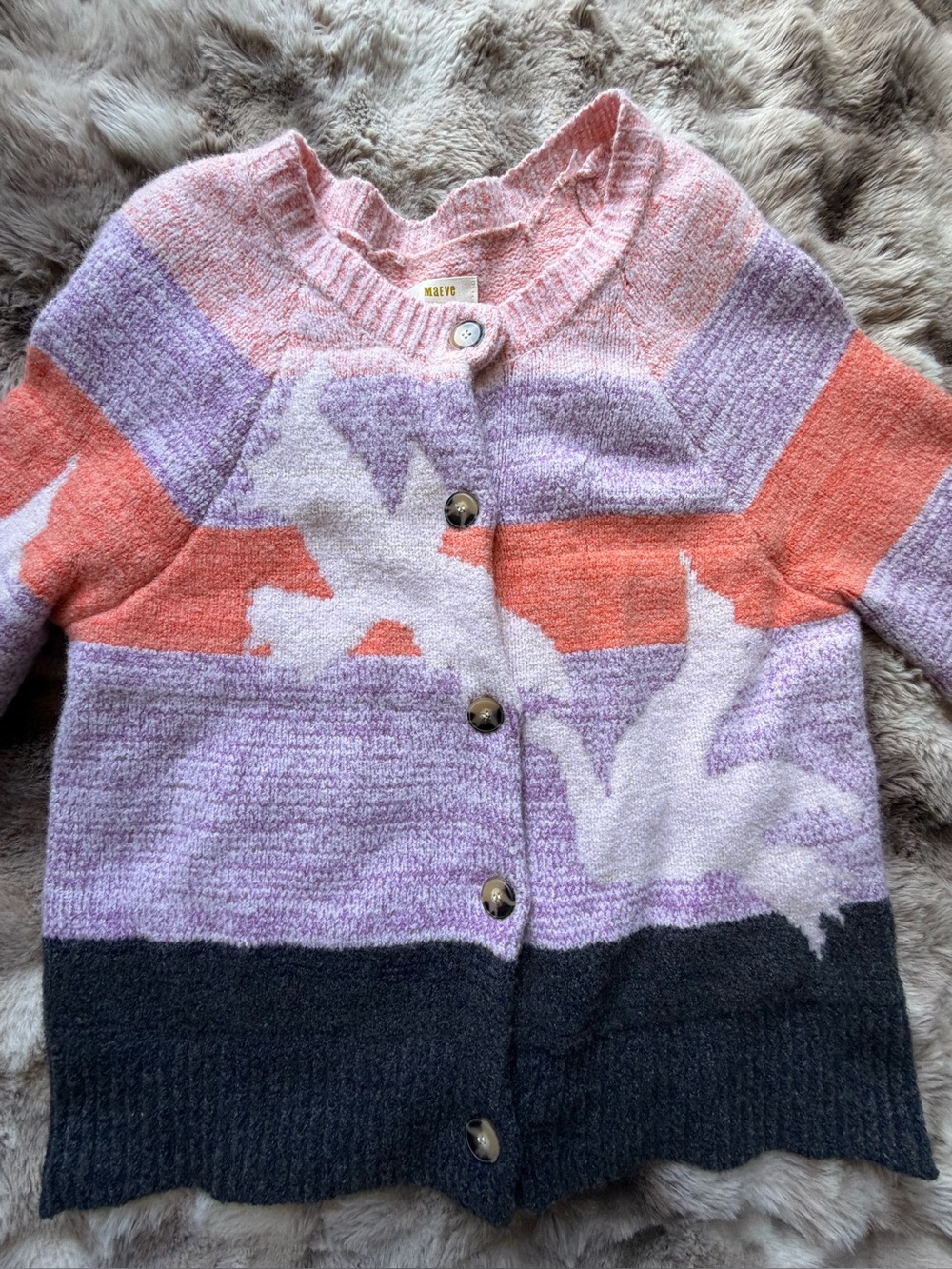Maeve Pastel Bird Motif Striped Cardigan - Pink, Lavender, Coral, Navy